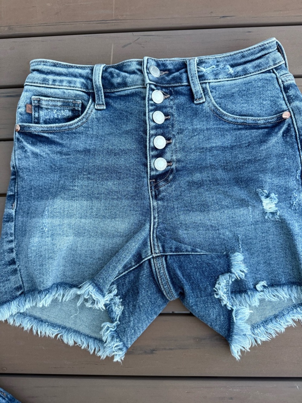 Judy Blue Distressed Button-Fly Denim Shorts - Blue Wash